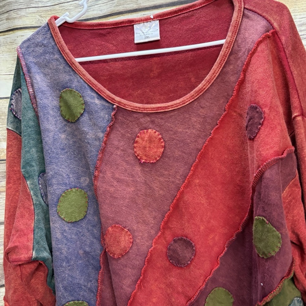 Greater Good Patchwork Boho Top 3XL  Colorful Rainbow‎ Artsy Hippie Raw Edge - Picture 6 of 8